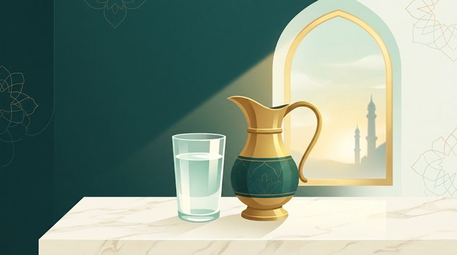 Segelas air jernih dan teko kuningan di dekat jendela lengkung