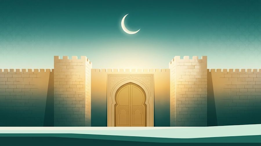 Benteng kokoh dengan gerbang emas saat fajar