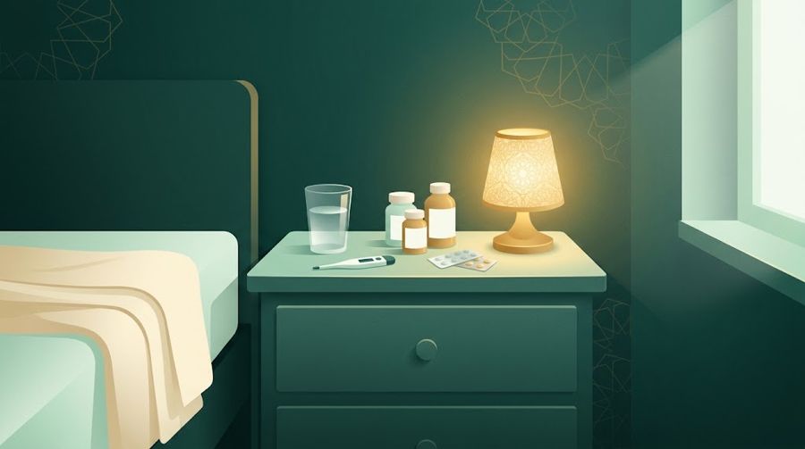 Meja samping tempat tidur berisi obat-obatan