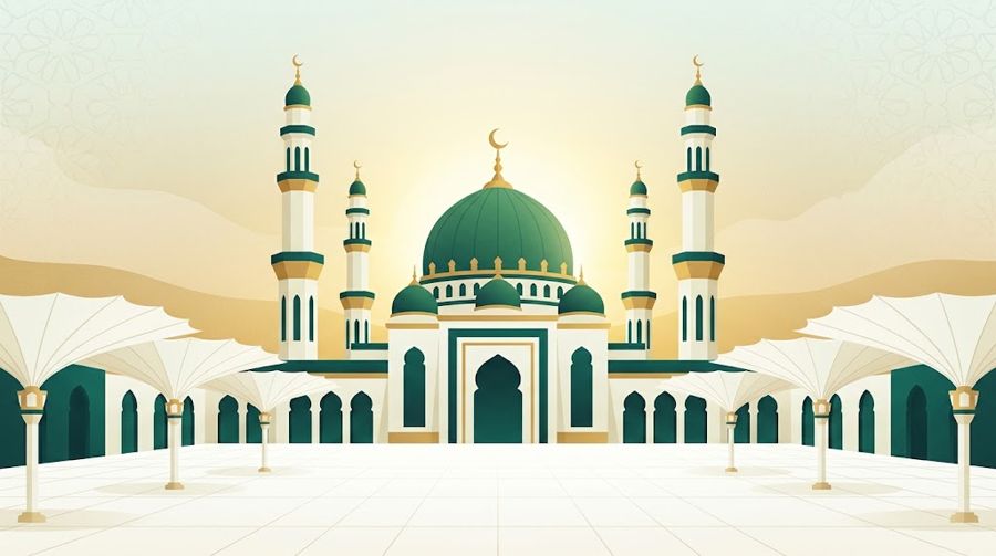 Masjid berkubah hijau saat pagi tenang