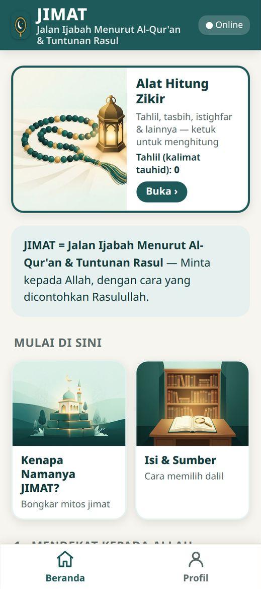 Tangkapan layar beranda aplikasi JIMAT