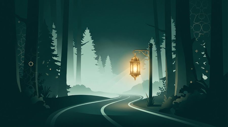 Jalan malam berkabut dengan satu lentera