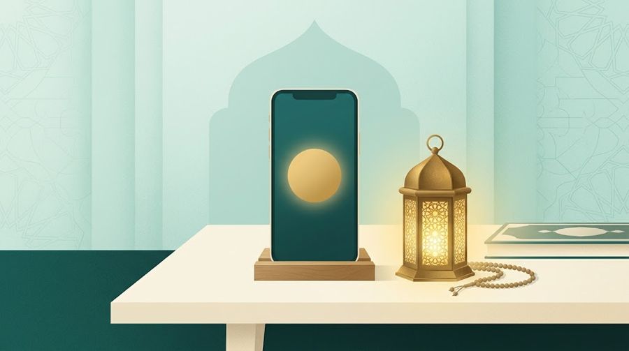 Ponsel di meja dengan lentera dan tasbih